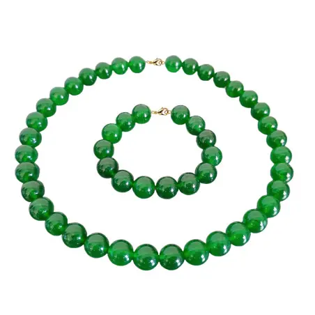 Set Colier si Bratara cu Jad Verde Malaezian de 12 mm si Inchizatori din Aur de 14 k