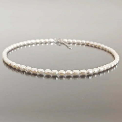 Colier Perle Albe 4/6 mm, Ovale, Închizătoare Argint 925 | KASKADDA®