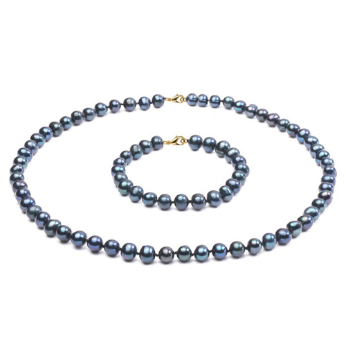 Set Perle Naturale Negre 7–8 mm, Aur 14K, Colier și Brățară | KASKADDA®