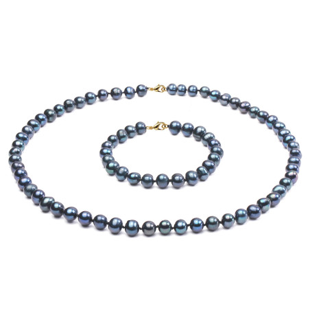 Set Perle Naturale Negre 7–8 mm, Aur 14K, Colier și Brățară | KASKADDA®