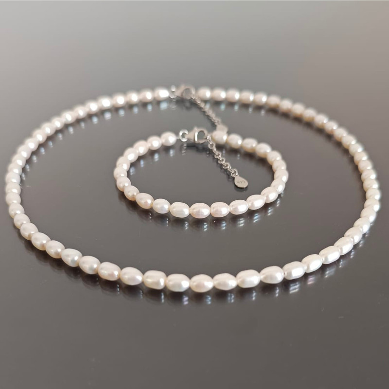 Set Perle Naturale Ovale Albe 4/6 mm, Argint 925 – KASKADDA® Set Perle Naturale Ovale Albe 4/6 mm, Argint 925 – KASKADDA®