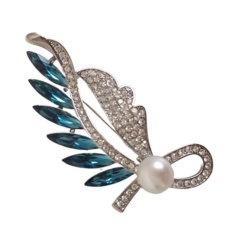 Brosa Blue Accents cu Perla Naturala Alba Mare, de 9-10 mm Brosa Blue Accents cu Perla Naturala Alba Mare, de 9-10 mm