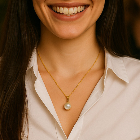 Colier Perla Naturală Albă, 10 mm, Aur 14K | KASKADDA®