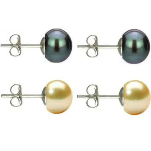 Set Cercei Argint cu Perle Naturale Negre si Crem de 7 mm