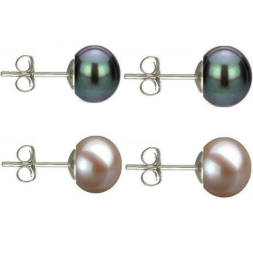 Set Cercei Argint cu Perle Naturale Negre si Lavanda de 7 mm