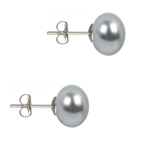 Cercei Argint cu Perle Naturale Buton, Gri, de 10 mm