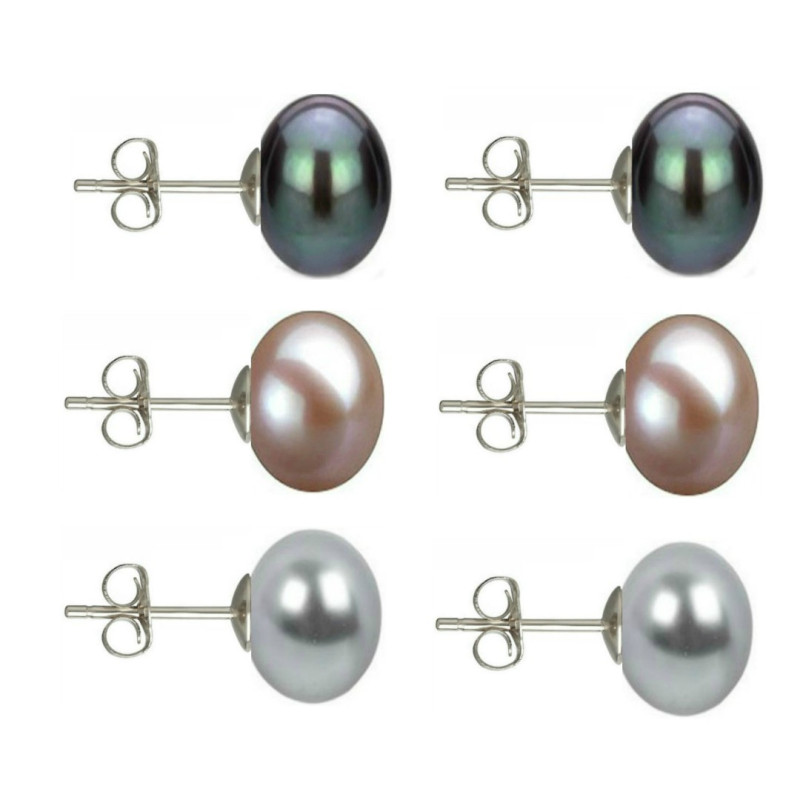 Set Cercei Argint cu Perle Naturale Negre, Lavanda si Gri de 10 mm