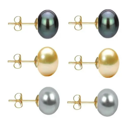 Set Cercei Aur cu Perle Naturale Negre, Crem si Gri de 10 mm