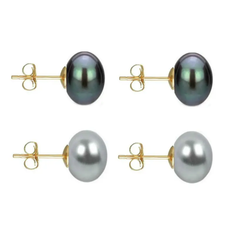 Set Cercei Aur cu Perle Naturale Negre si Gri de 10 mm