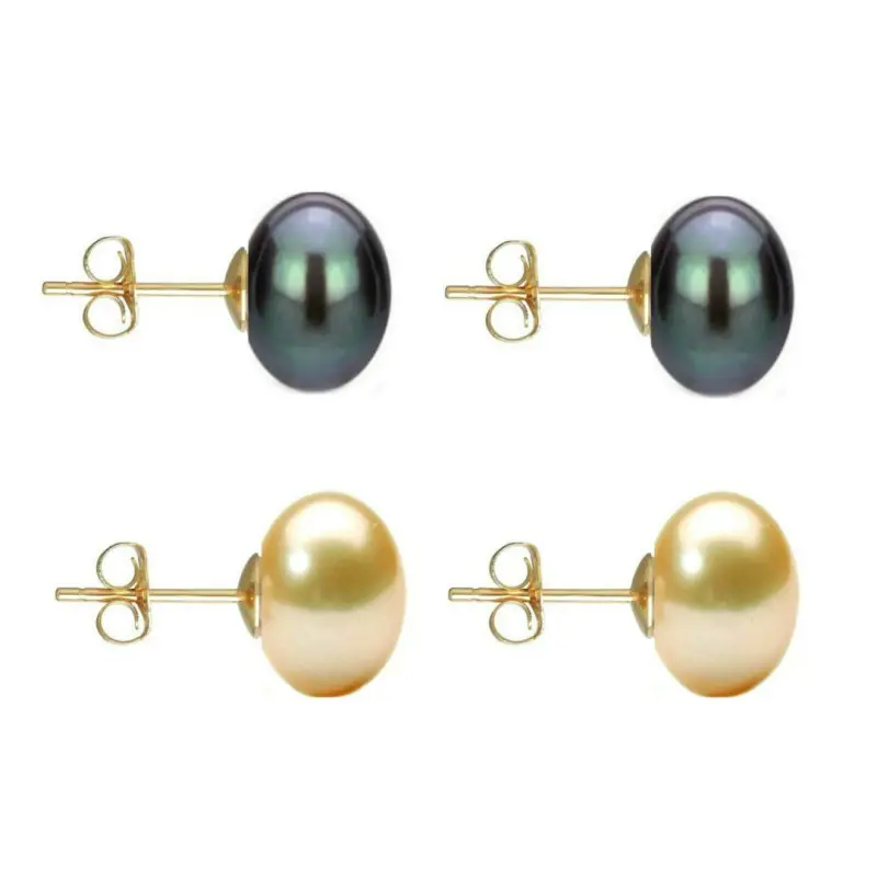 Set Cercei Aur cu Perle Naturale Negre si Crem de 10 mm