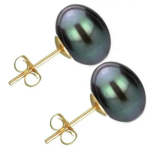 Set Cercei Aur cu Perle Naturale Negre si Crem de 10 mm