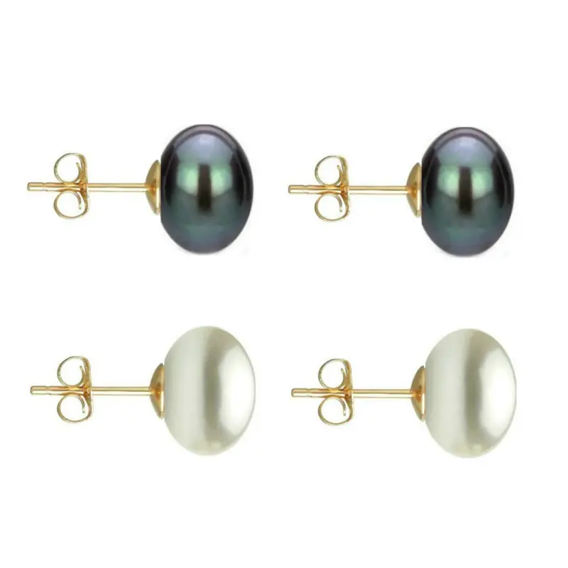 Set Cercei Aur cu Perle Naturale Negre si Albe de 10 mm