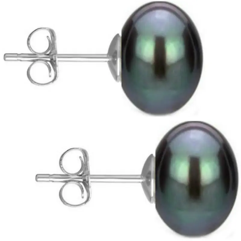 Cercei de Aur Alb cu Perle Naturale Negre de 10 mm
