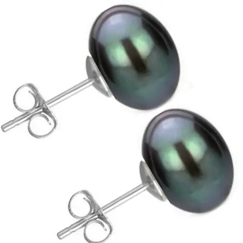 Cercei de Aur Alb cu Perle Naturale Negre de 10 mm