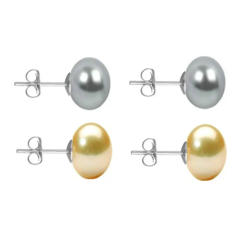 Set Cercei Aur Alb cu Perle Naturale Gri si Crem de 10 mm