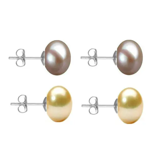 Set Cercei Aur Alb cu Perle Naturale Lavanda si Crem de 10 mm
