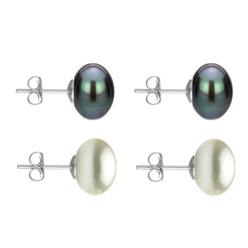 Set Cercei Aur Alb cu Perle Naturale Negre si Albe de 10 mm