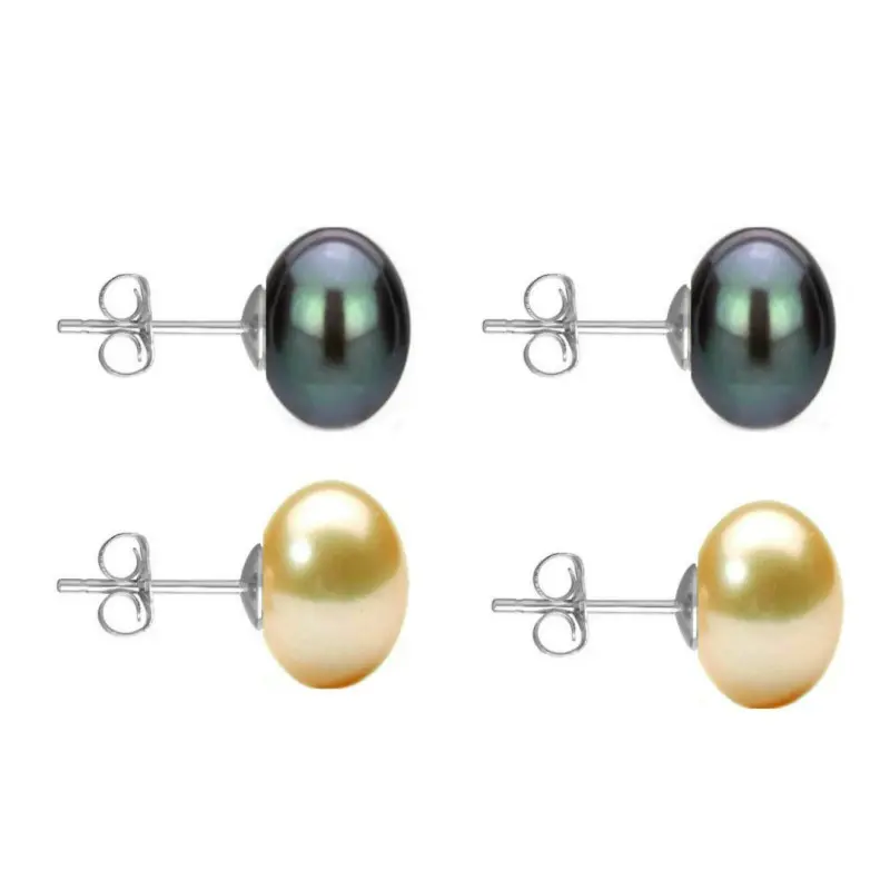 Set Cercei Aur Alb cu Perle Naturale Negre si Crem de 10 mm