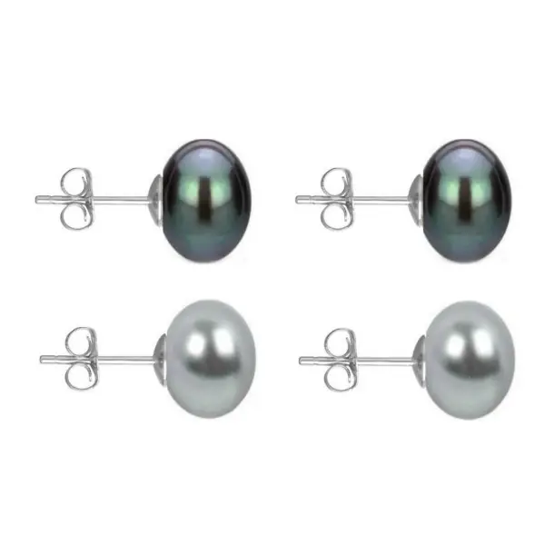 Set Cercei Aur Alb cu Perle Naturale Negre si Gri de 10 mm