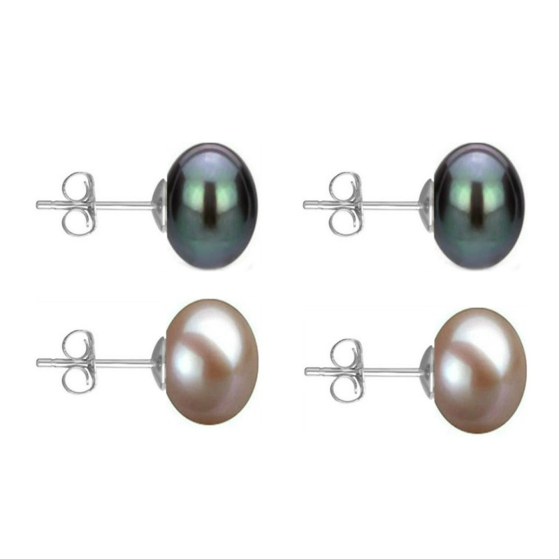 Set Cercei Aur Alb cu Perle Naturale Negre si Lavanda de 10 mm