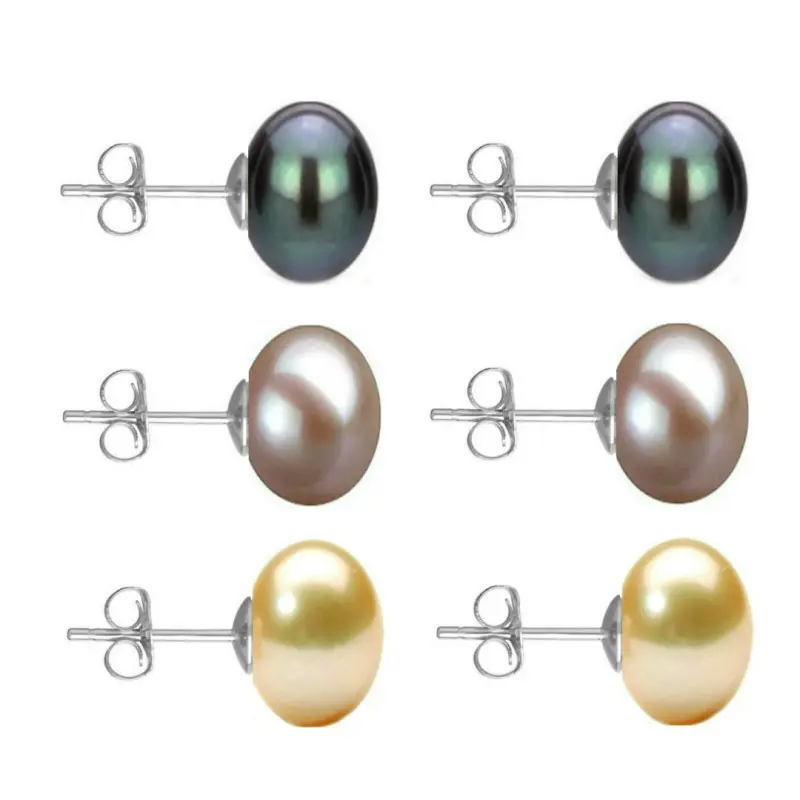 Set Cercei Aur Alb cu Perle Naturale Negre, Lavanda si Crem de 10 mm Set Cercei Aur Alb cu Perle Naturale Negre, Lavanda si Crem de 10 mm