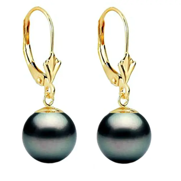 Cercei Aur Galben Model Lalea cu Perle Naturale Negre Premium de 8 mm