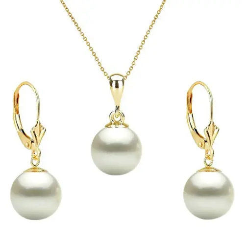 Set Perle Albe 8 mm, Aur Galben 14K – Colier și Cercei | KASKADDA®