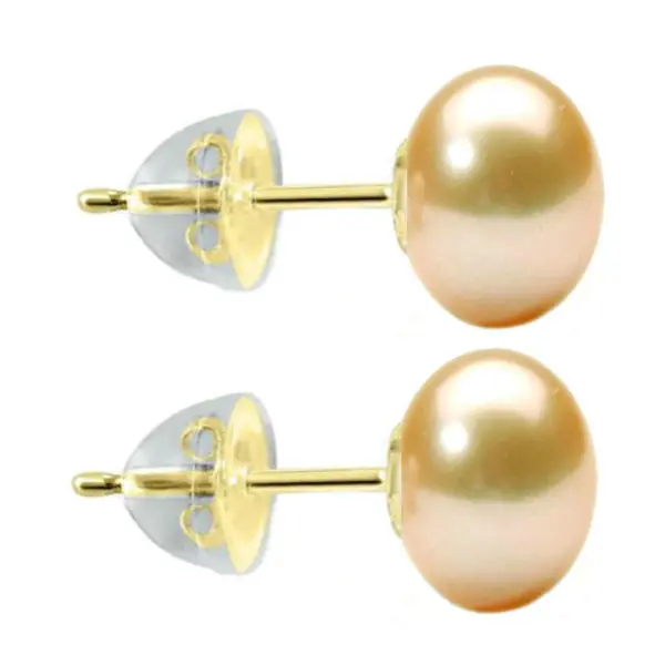Cercei Kaskadda din Aur de 14k, Tip Surub cu Perle Naturale Crem, Calitatea AAA, de 9-10 mm si Fluturasi de Aur in Silicon