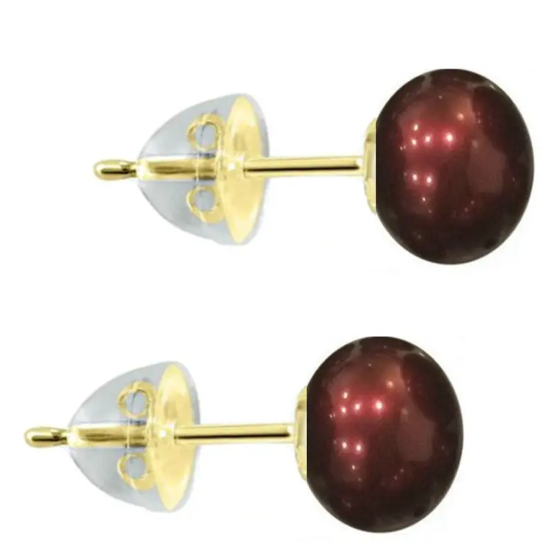 Cercei de Aur cu Perle Naturale Rosu Vin de 8 mm si Fluturasi de Aur in Silicon