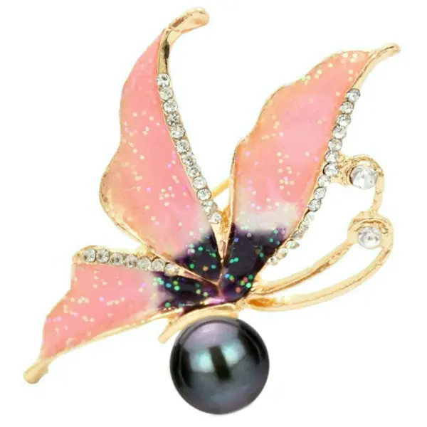Brosa Fluture Roz cu Perla Naturala Neagra