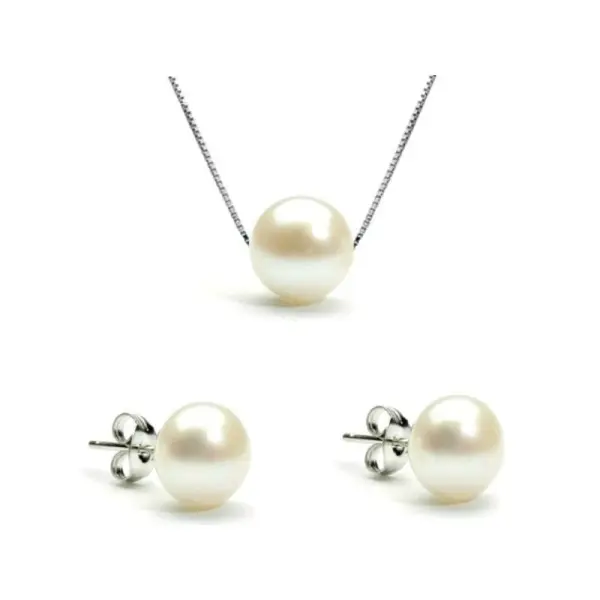 Set Perle Albe 8 mm, Argint Rodiat – Colier și Cercei | KASKADDA®