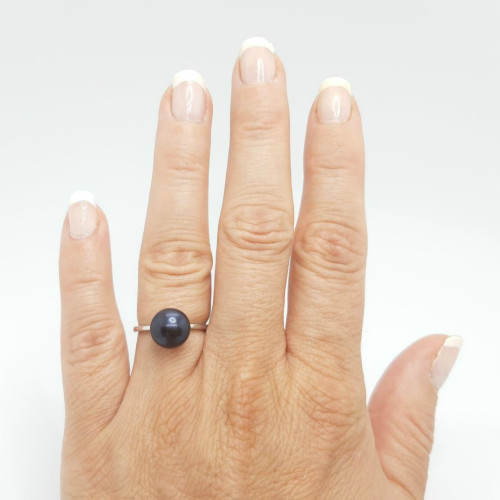 Set Argint Rodiat, Inel Reglabil si Cercei cu Perle Naturale Negre de 7,5-8 mm