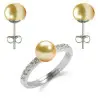 Set Argint Rodiat, Inel Reglabil cu Zirconii si Cercei cu Perle Naturale Crem de 7,5-8 mm