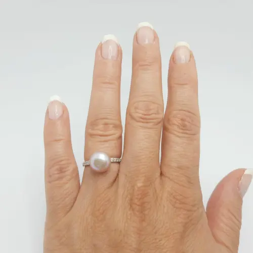 Set Argint Rodiat, Inel Reglabil cu Zirconii si Cercei cu Perle Naturale Lavanda de 7,5-8 mm