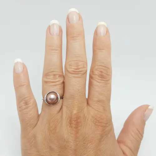 Inel Reglabil din Argint Rodiat, cu Zirconii si Perla Naturala Lavanda