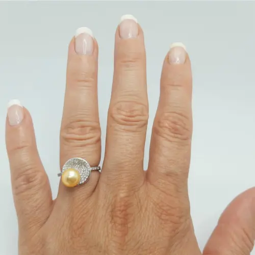Inel Reglabil Unique din Argint Rodiat, cu Zirconii si Perla Naturala Aurie