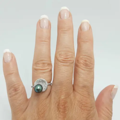 Inel Reglabil Unique din Argint Rodiat, cu Zirconii si Perla Naturala cu Reflexe Verzui