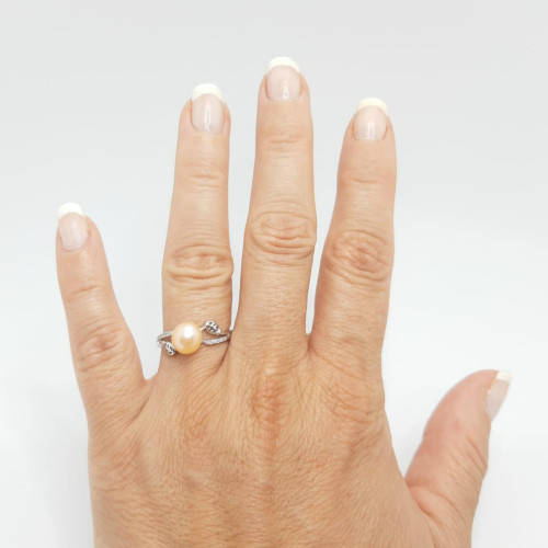 Inel Reglabil din Argint Rodiat cu Perla Naturala Crem de 7,5-8 mm