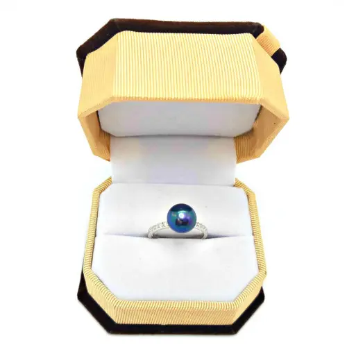 Inel Reglabil din Argint Rodiat, cu Zirconii si Perla Naturala Neagra Mare de 9,5-10 mm