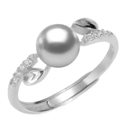 Inel Reglabil din Argint Rodiat cu Perla Naturala Gri de 7,5-8 mm