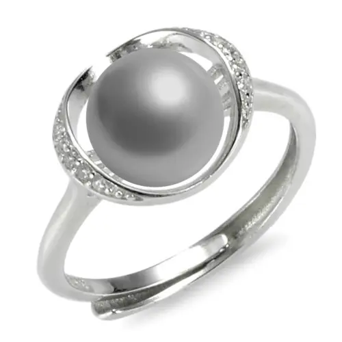 Inel Reglabil din Argint Rodiat, cu Zirconii si Perla Naturala Gri