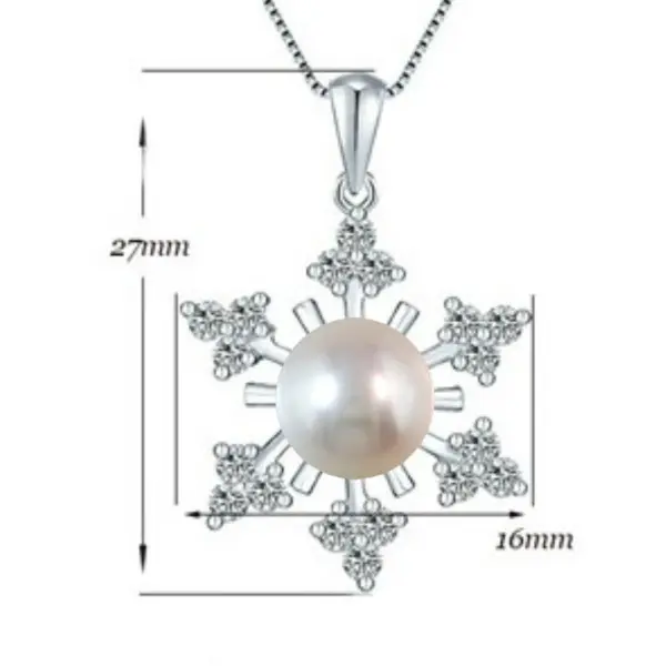 Colier Argint cu Pandantiv Argint Fulg de Nea, Pavat cu Zirconii si Perla Naturala Alba de 7-8 mm