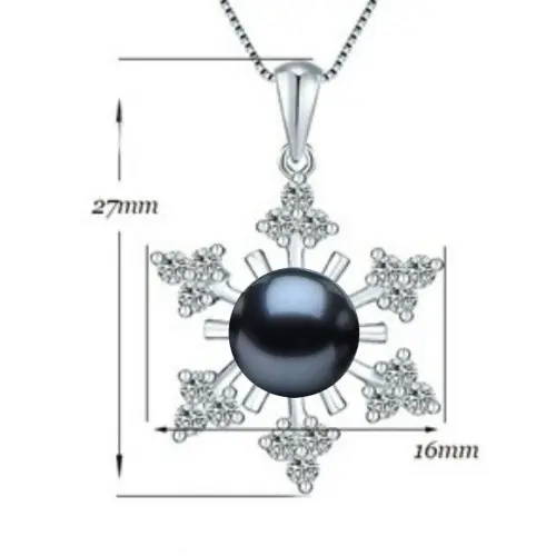 Colier Argint cu Pandantiv Argint Fulg de Nea, Pavat cu Zirconii si Perla Naturala Neagra de 7-8 mm