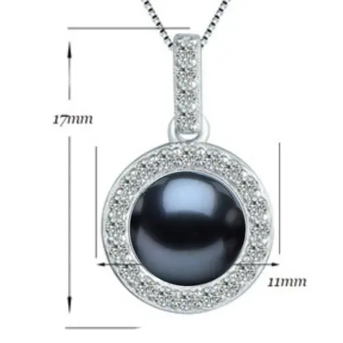 Colier Argint cu Pandantiv Argint Rotund, Pavat cu Zirconii si Perla Naturala Neagra de 7-8 mm