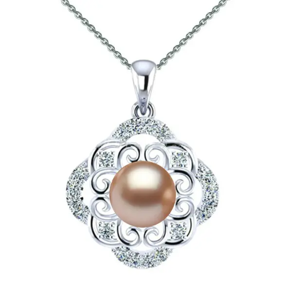 Colier Argint cu Pandantiv Argint Oriental, Pavat cu Zirconii si Perla Naturala Lavanda de 7-8 mm