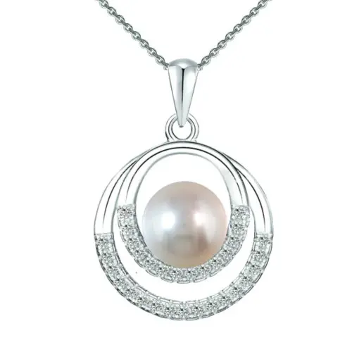 Colier Argint cu Pandantiv Argint Saturn, Pavat cu Zirconii si Perla Naturala Alba de 7-8 mm