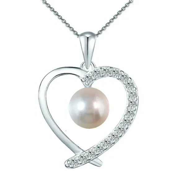 Colier Argint cu Pandantiv Argint Inimioara, Pavat cu Zirconii si Perla Naturala Alba de 7-8 mm