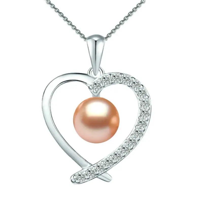 Colier Argint cu Pandantiv Argint Inimioara, Pavat cu Zirconii si Perla Naturala Crem de 7-8 mm