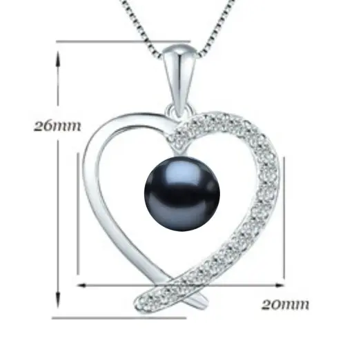 Colier Argint cu Pandantiv Argint Inimioara, Pavat cu Zirconii si Perla Naturala Neagra de 7-8 mm