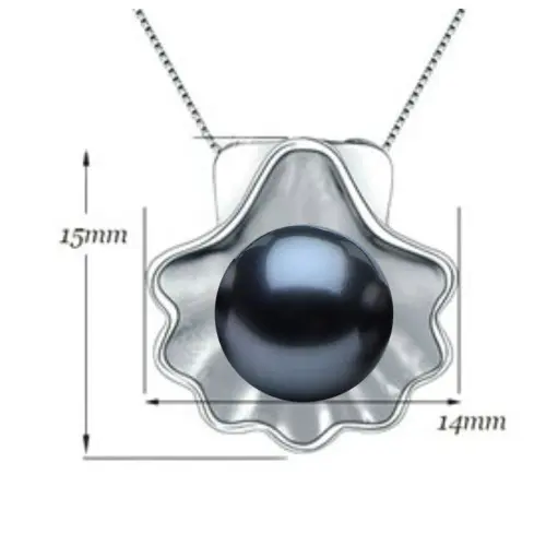Colier Argint cu Pandantiv Argint Scoica cu Perla Naturala Neagra de 7-8 mm